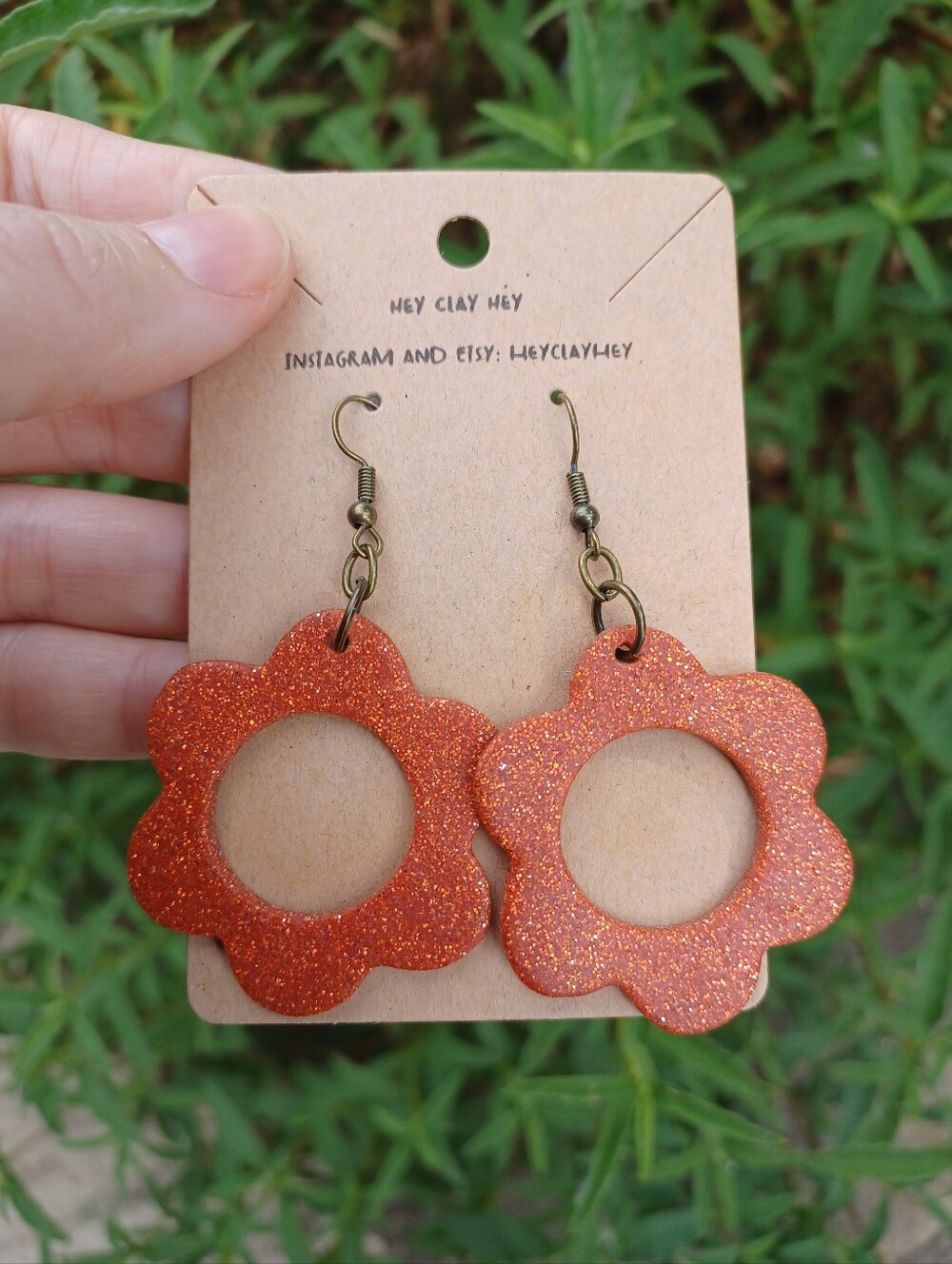 Orange Glitter Clay Flower Hoop Earrings